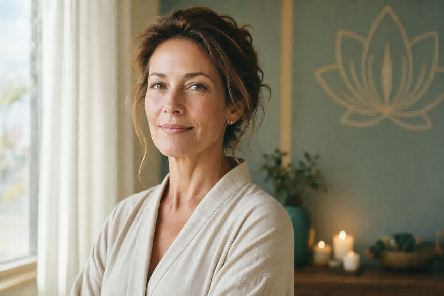 A confident woman standing near a bright window in a calm wellness studio