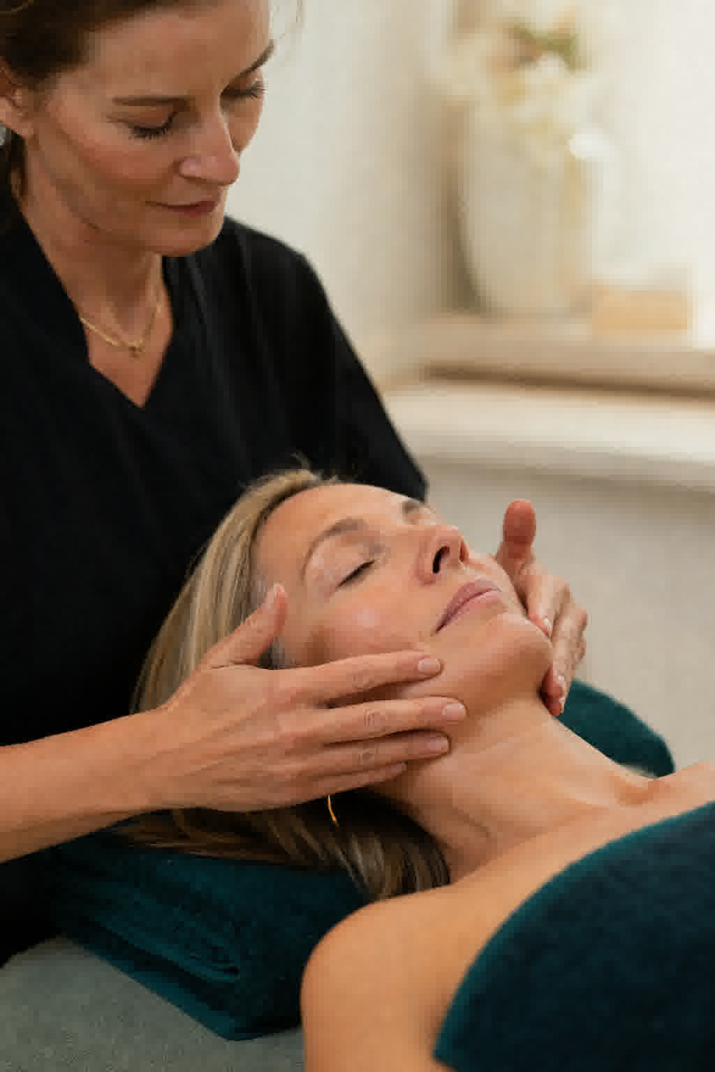 Esthetician performing a gentle lymphatic facial massage on a relaxed client