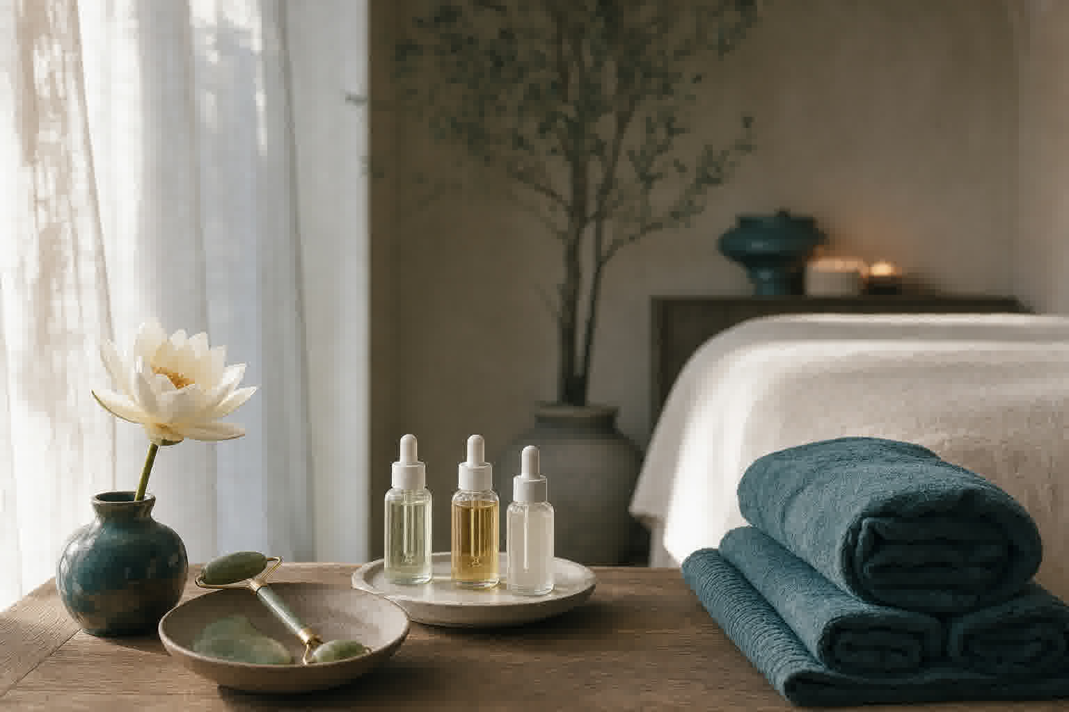 A calm, light-filled treatment room with rolled towels, skincare serums, a jade facial tool and a single lotus flower
